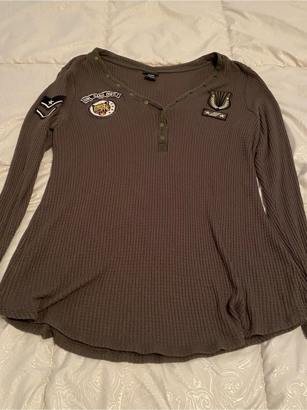 torrid Olive Waffle-Knit Long Sleeve Top with Patch Accents